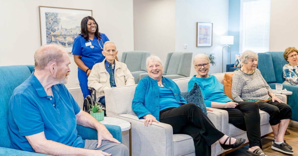 Sage Oak of Denton | Five residents with a caregiver having a good time